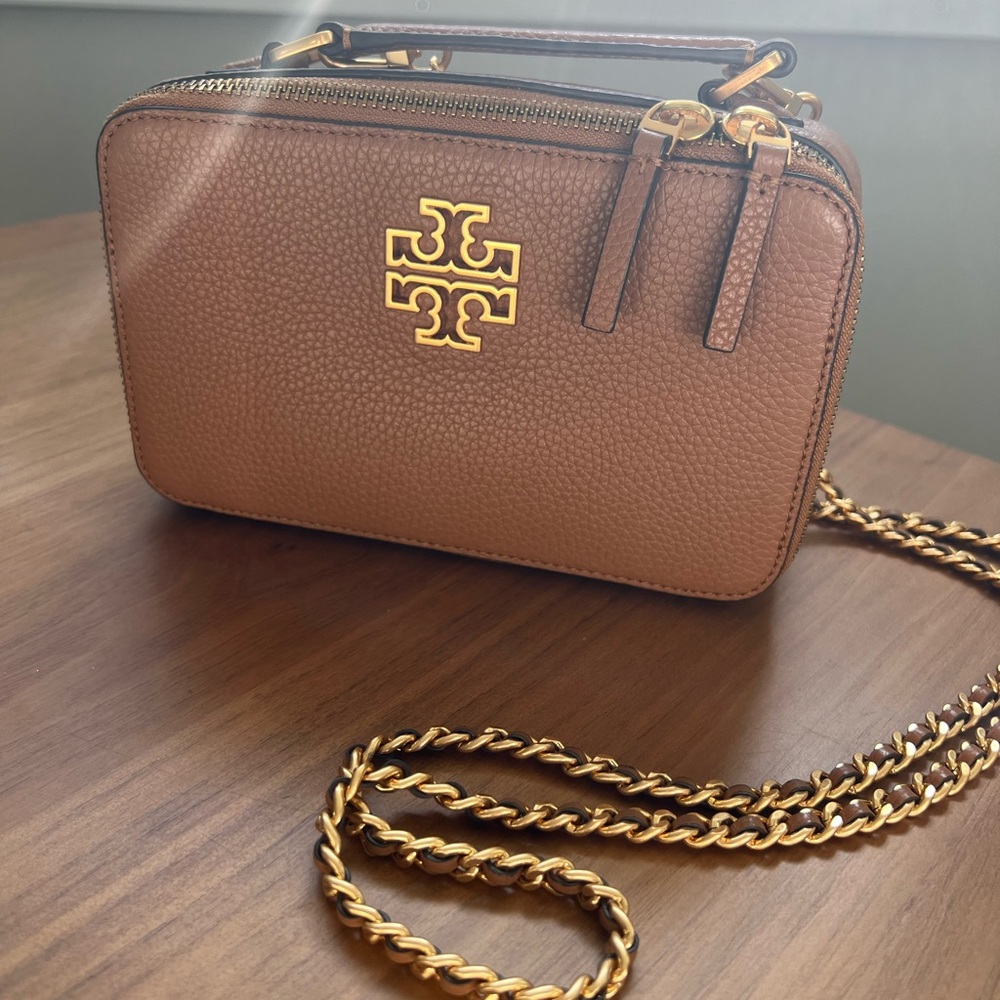 Tory Burch Britten Tan Leather Crossbody with Gold Accents
